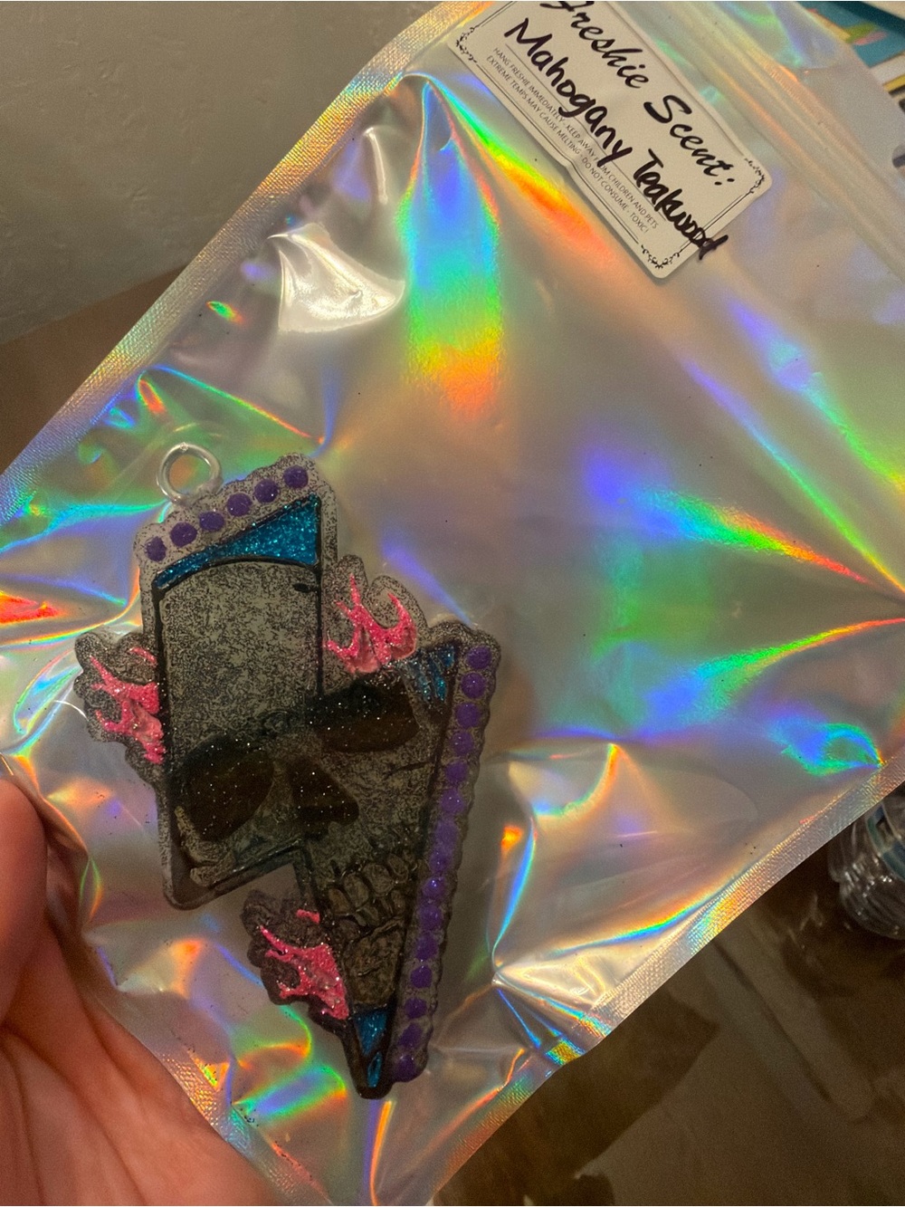 Glitter Skull & Flames Holographic freshie for your car or house